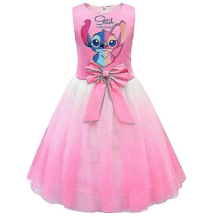 Costum copii fetite Lilo Stitch, fusta plisata, roz, 5-6 ani, set 1 bucata