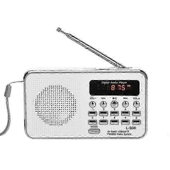 Radio portabil L-938, functie AM/FM, difuzor subtire, alb, 12.5x3x7.2cm