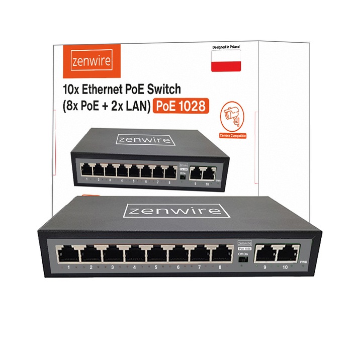 Switch PoE, Zenwire, 1028, 10 порта, Fast Ethernet, 8x PoE порта, 2x uplink порта, 60W, автоматично рестартиране, 1, 6 Gbps пропускателна способност, Plug & Play, 10x 10/100 Mbps, Черно