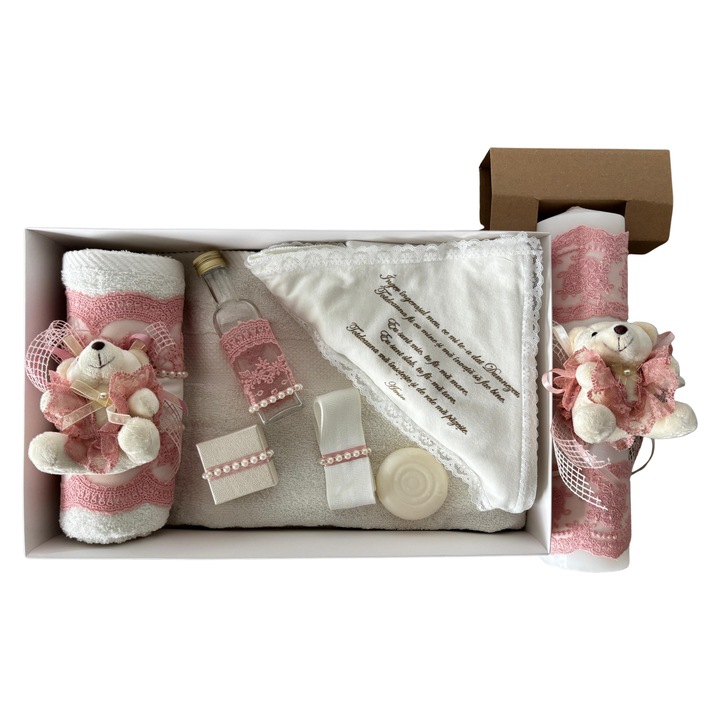 Trusou botez, complet, alb/roz, 8 piese