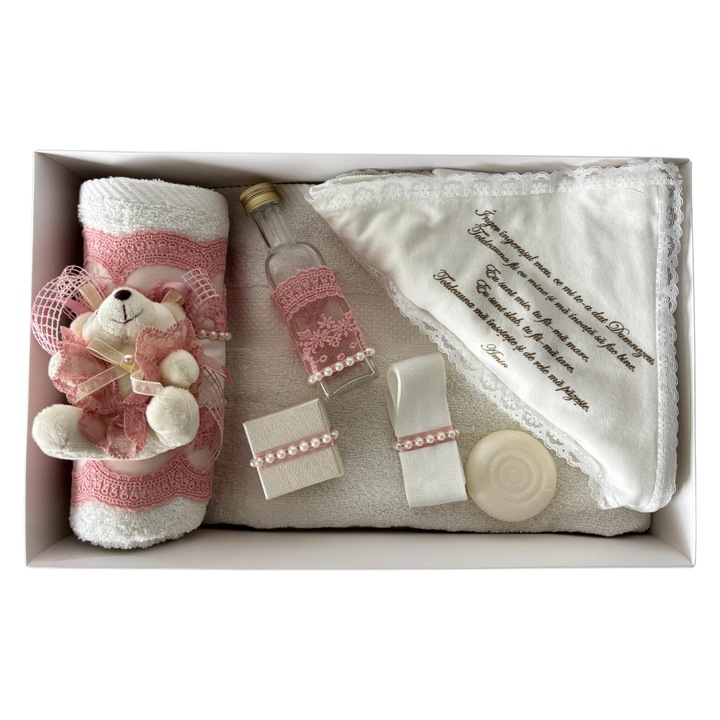 Trusou botez, complet, alb/roz, 7 piese
