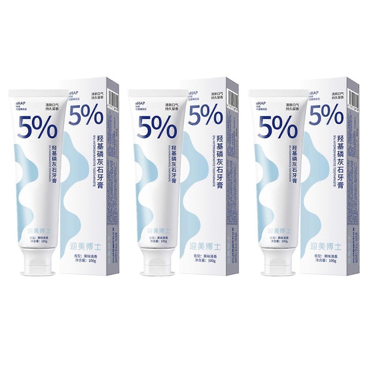 3x szett Fogfehérítő fogkrém, 5% nano-hidroxiapatit, fejlett zománcvédelem, fluormentes, 100g