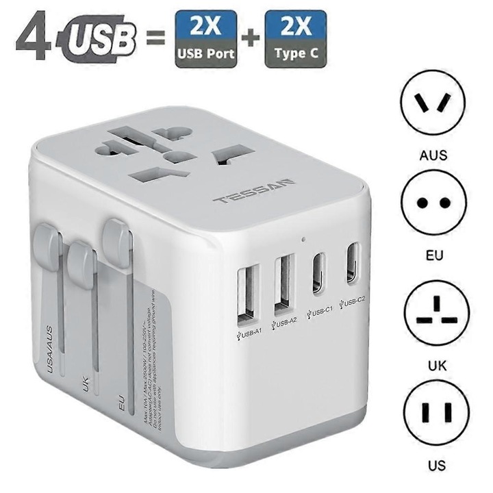Adaptor de calatorie universal cu 3 USB si 1 USB-C, 7.09x4.98x5.28cm, alb