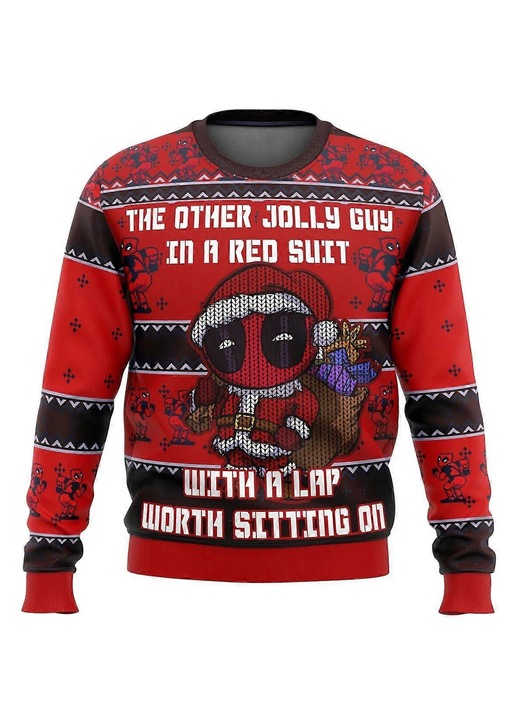 Férfi pulóver, 3D design, piros, poliészter, karácsonyi mintás