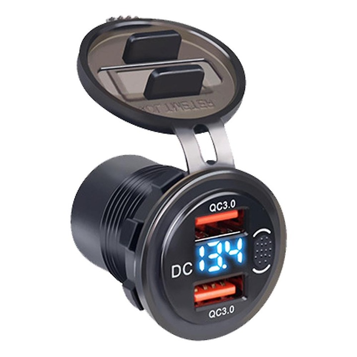 Két USB-s autós töltő 12-24V, 4.2A, ON/OFF gombbal és feszültség kijelzővel, rövidzárlat elleni védelemmel, fekete színű, mérete 38x28mm