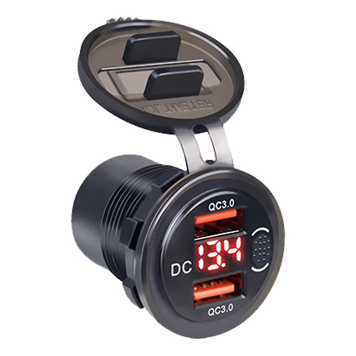 Kettős USB autós töltő 12-24V, 4.2A, ON/OFF gombbal és feszültség kijelzővel, rövidzárlat védelemmel, fekete, méretek 38x28mm