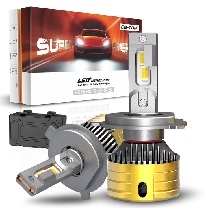 Set 2 Becuri LED H4, EG-TOP, Premium 270W,6500K,12-24 Volti, Canbus Plug&Play, Luminozitate Extrema, IP68, Pentru Faruri Auto, Aluminum Radiator