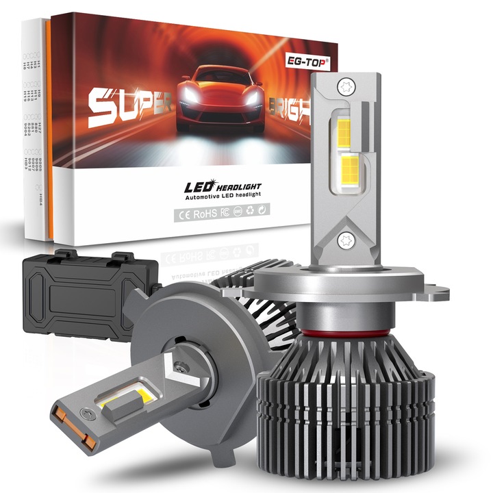 Set 2 db H4 LED Autó Izzó, EG-TOP, H4 LED Izzó, 300W 30000LM 800% Szuper Fényes, 1:1 Méret Halogénnel, Hideg Fehér 6500K, CANBUS Kész, H4 Izzók Valóban Plug and Play, 2 db-os Szett