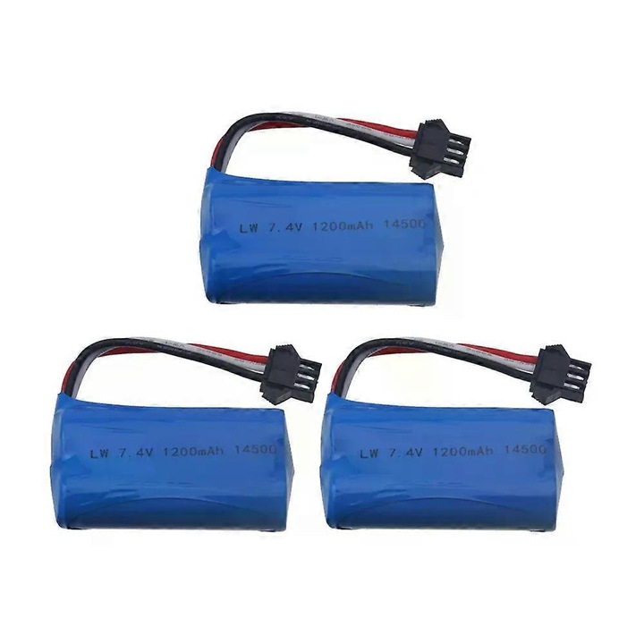 Set de baterii 7.4V 1200mAh Li-Ion 14500 cu incarcator USB pentru elicoptere, barci, masini RC, 3 bucati