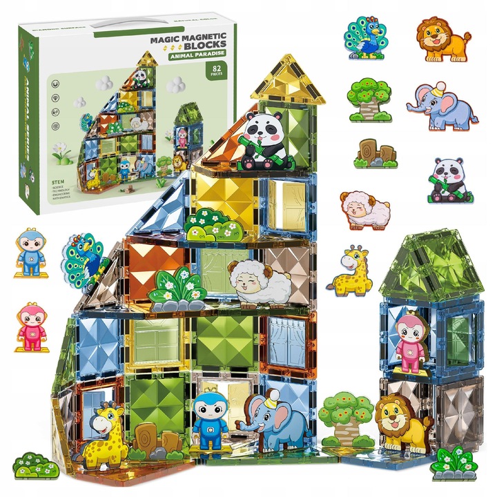 Set de constructie cu animale magnetice, paradisul animalelor 82 de piese