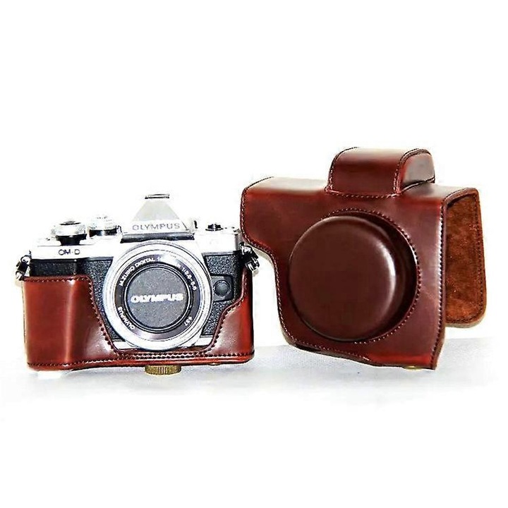 Geanta protectoare pentru camera din piele ecologica, maro, 121.5x85.1x48.7mm, cu curea detasabila
