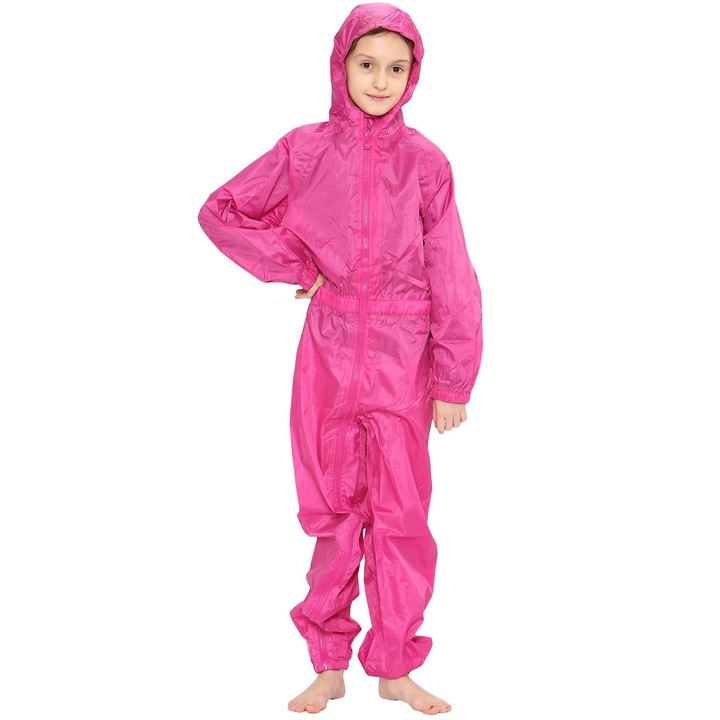 Costum de ploaie roz, impermeabil, gluga, poliester, Roz