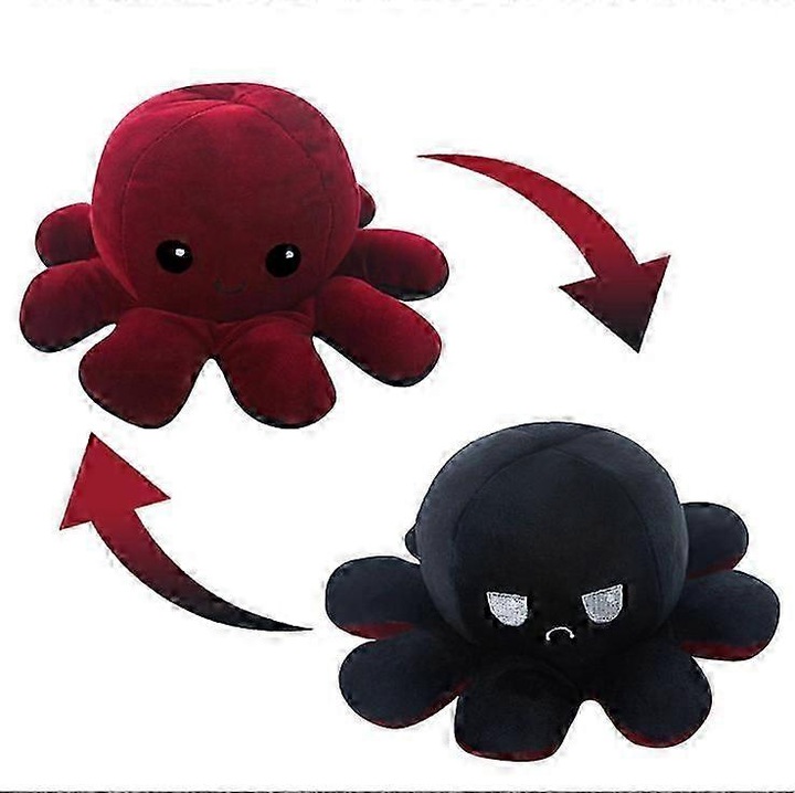 Jucarie de plus Octopus reversibil, 20cm/30cm/40cm, design bicolor, rosu/negru, pentru copii si adulti