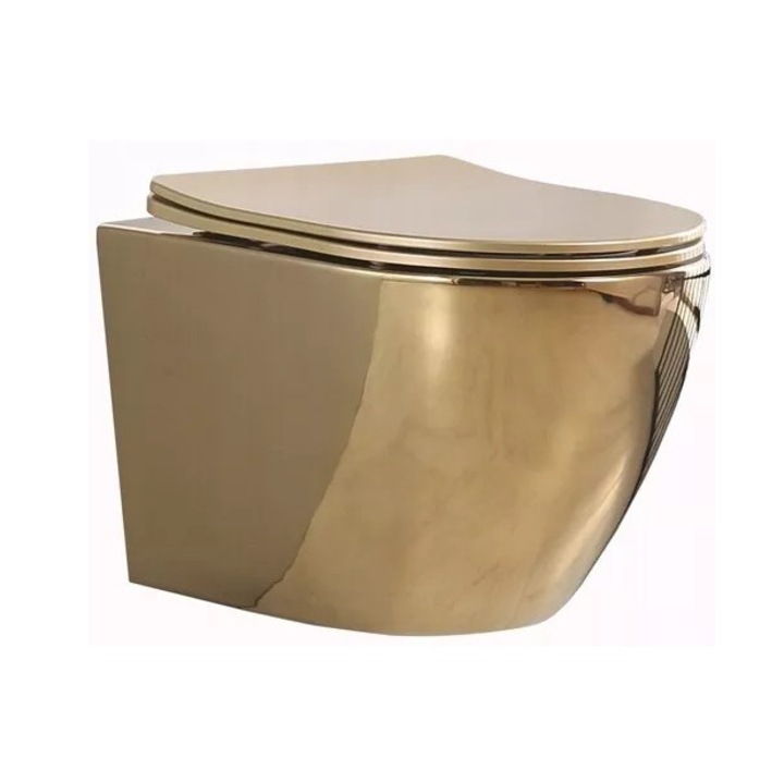 Toaleta montata pe perete, fara margine, ceramica, WC + capac WC cu inchidere silentioasa GOLD