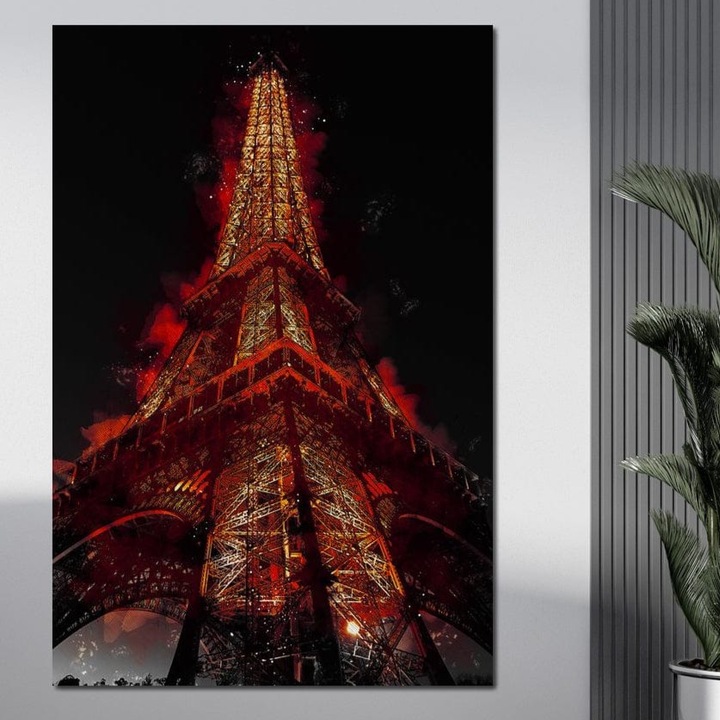 Картина на канава LuxCanva® O1043, Premium, Париж в червено, 40 X 60 СМ, Платно 100% Памук 400гр/м2, Рамка, Дърво, Кула, Айфелова, За Офис, Всекидневна, Спалня