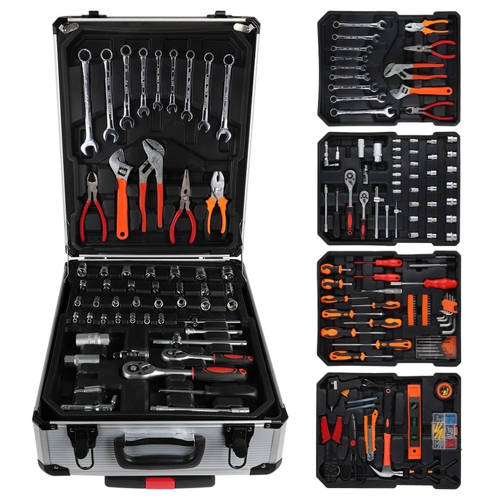 Set de unelte, 186 piese, design stratificat, mecanism de blocare sigur, cutie portabila cu roti, aluminiu si plastic