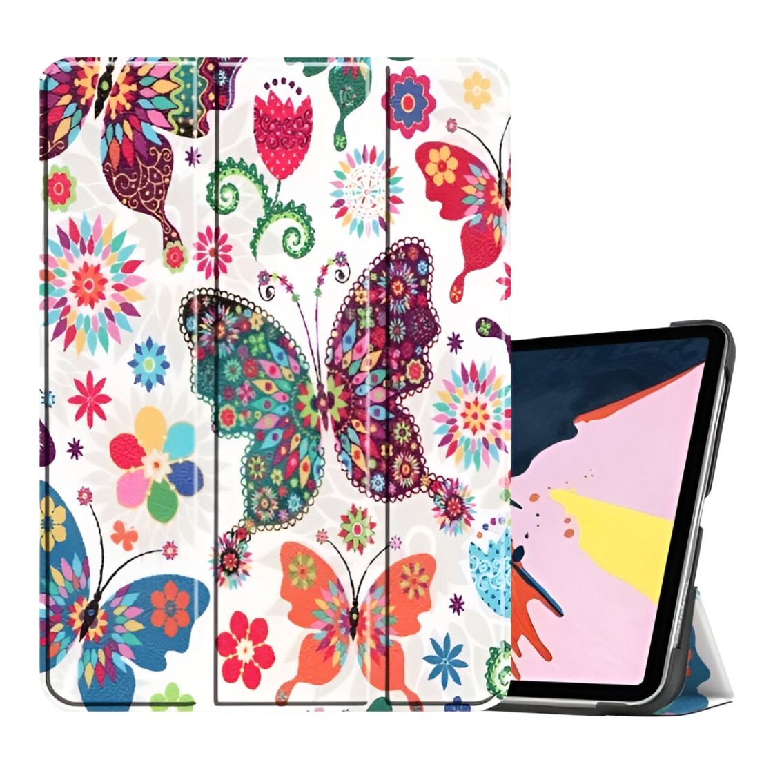 Etui pentru iPad Air 4/5 10,9", design flori si fluturi, functie auto wake/sleep, alb