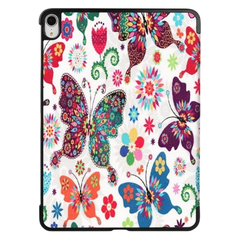Etui pentru iPad Air 4/5 10,9", design flori si fluturi, functie auto wake/sleep, alb