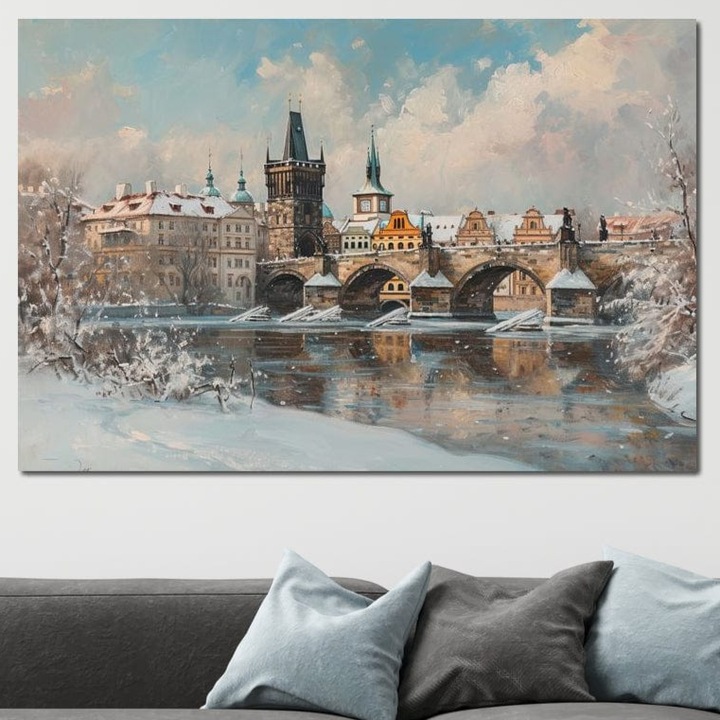 Картина на канава LuxCanva® O1044, Premium, Карлов мост в сняг, 70 X 100 CM, 100% Памучно Платно 400гр/м2, Рамка, Дърво, Прага, За Офис, Всекидневна, Спалня