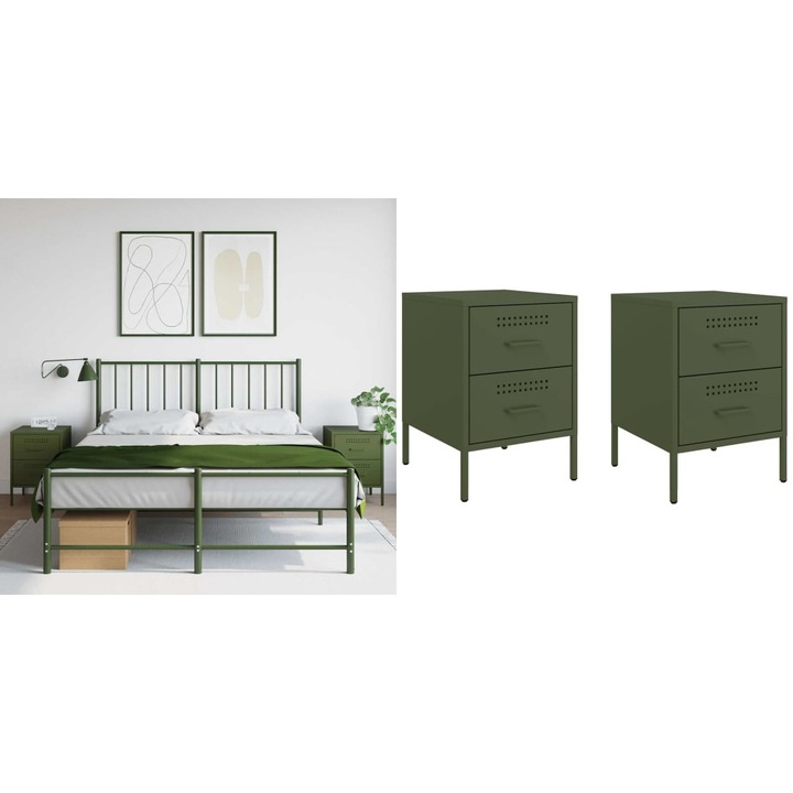 Noptiere, 2 buc., verde olive, 36x39x50, 5 cm, otel