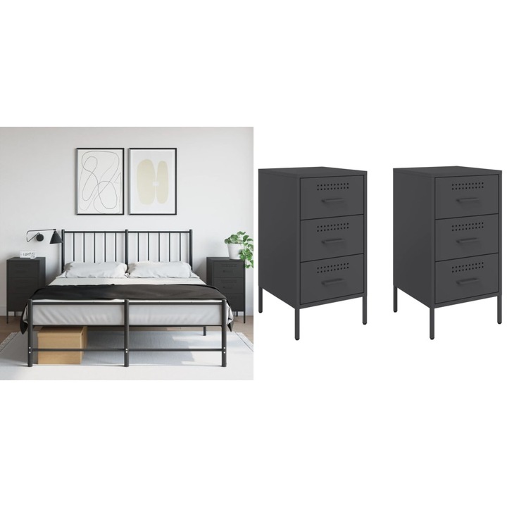 Noptiere, 2 buc., negru, 36x39x68 cm, otel