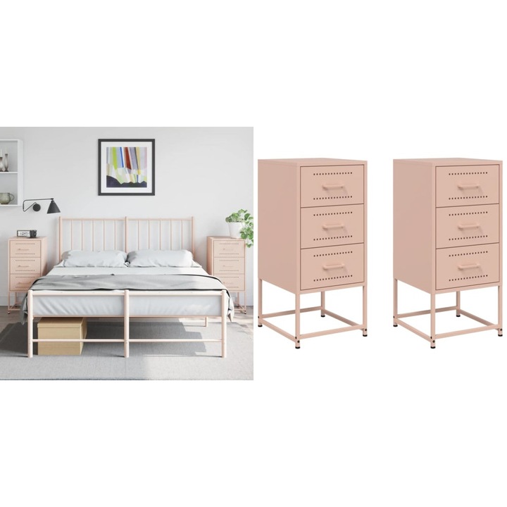 Noptiere, 2 buc., roz, 36x39x78 cm, otel