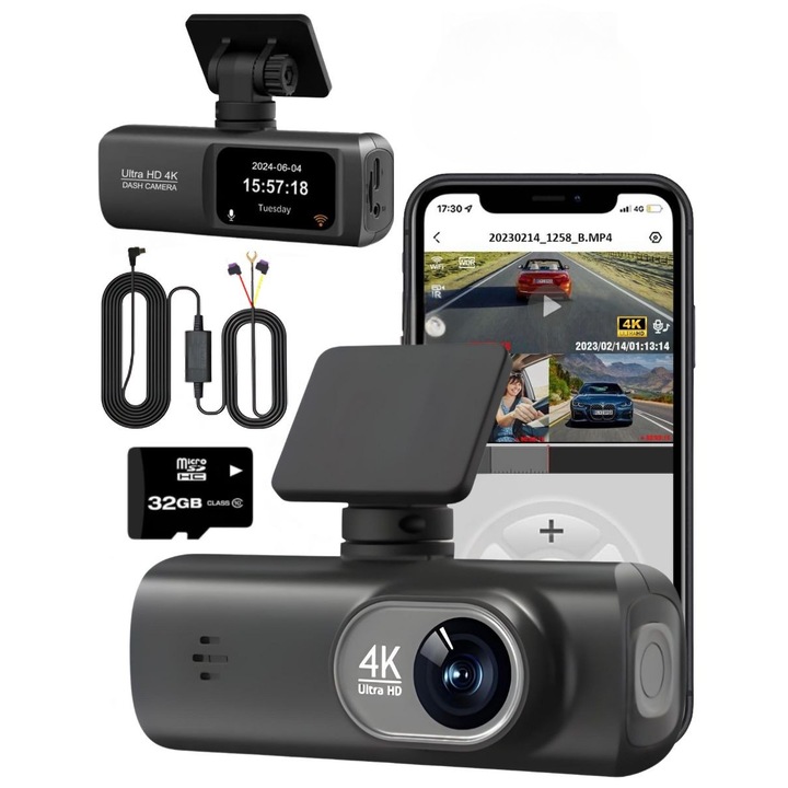 Fedélzeti kamera DVR V22 QOVU® Single 4K, Teljes készlet, GPS, Parkolásfigyelés, 32GB kártya mellékelve, WiFi és dedikált alkalmazás, 170°-os ultranagy látószög, Hurokfelvétel és ütközésérzékelő, Éjjellátó autós kamera