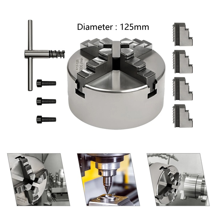 Mandrină manuală 125 mm cu 4 falci, alb, 3000 rpm, set inclus