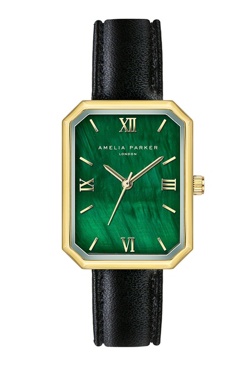 Amelia Parker, Правоъгълен часовник с кожена каишка, Златист, Черен