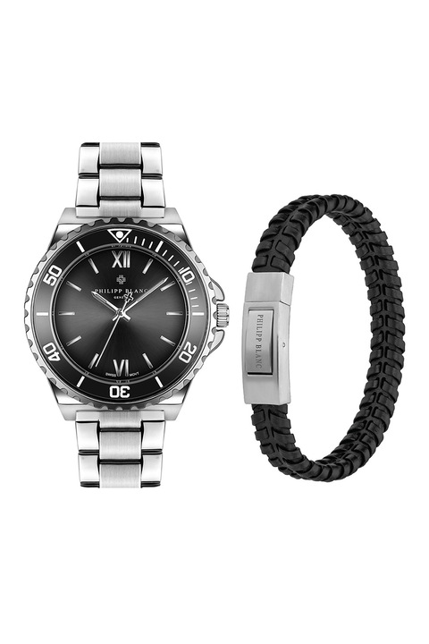Philipp Blanc, Karóra és bőr karkötő szett, Ezüstszín, Fekete