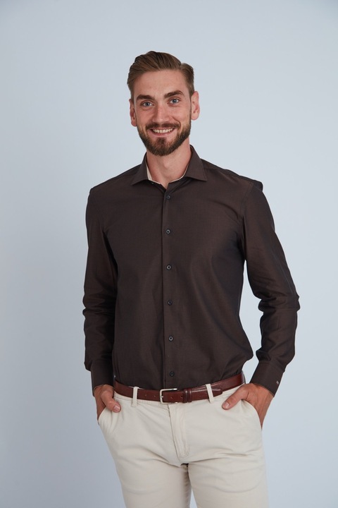 Camasa premium barbati, bumbac, regular fit - FRONTERA - maro cu bezati (Culoare: Maro, Marime: 40)