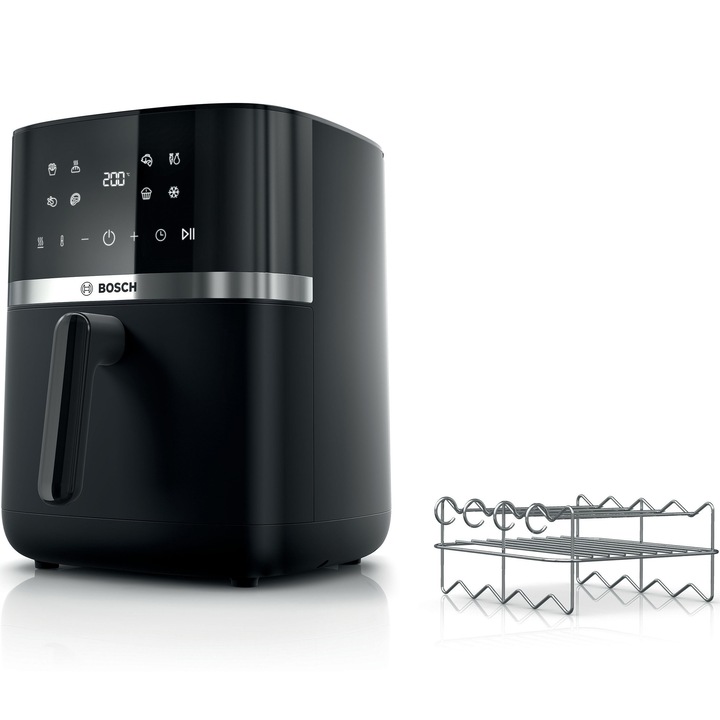 Bosch MAF462B1 forrólevegős sütő, 2050 W, 7 program, 6,1 l űrtartalom, grillkészlet, kettős fűtés, érintőképernyős vezérlés, digitális kijelző, könnyű tisztítás, fekete