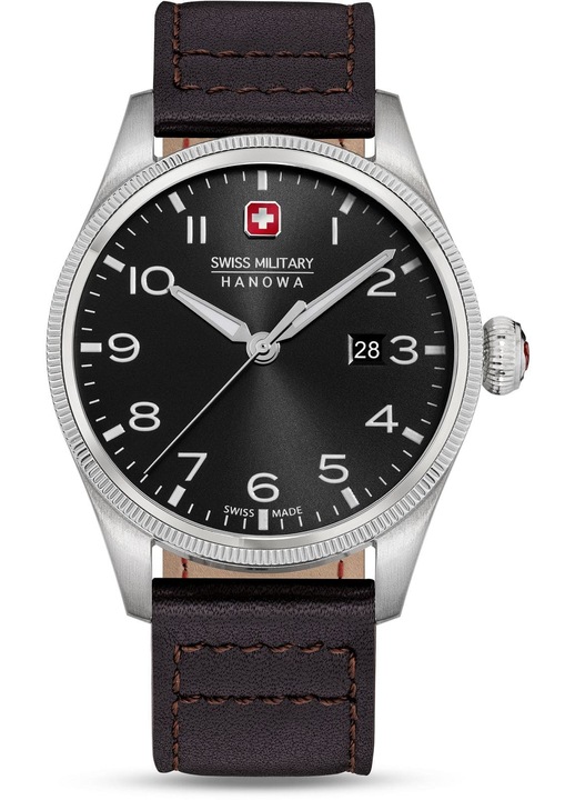 Ceas barbati Swiss Military Hanowa Thunderbolt, curea piele maro, carcasa inox, rezistent la apa 100m, negru