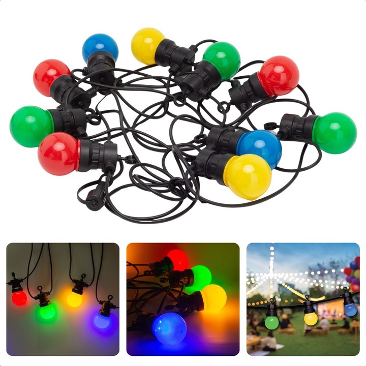 Ghirlanda luminoasa decorativa, Exterior, 10 m, 20 Leduri tip bulb - bec, IP65, Multicolor, interconectabila