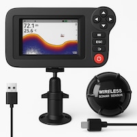 Sonar portabil pentru pescuit KLASTEP®, cautator de pesti wireless, cautator de pesti la adancime, unghi de fascicul de 105° si afisaj LCD TFT, adancime pana la 50m, pentru barca, caiac, pescuit la copca si pescuit marin, Negru