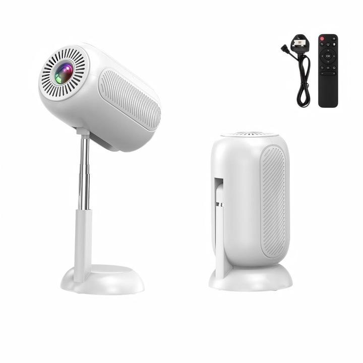 Mini proiector portabil, rezolutie 1280x720p HD,7600 lm, Luminozitate 240 ANSI, WiFi 6, Bluetooth 5.0, videoproiector portabil smart, montabil pe perete, Retractabil in trei sectiuni, Proiectie ajustabila, telecomanda, alb
