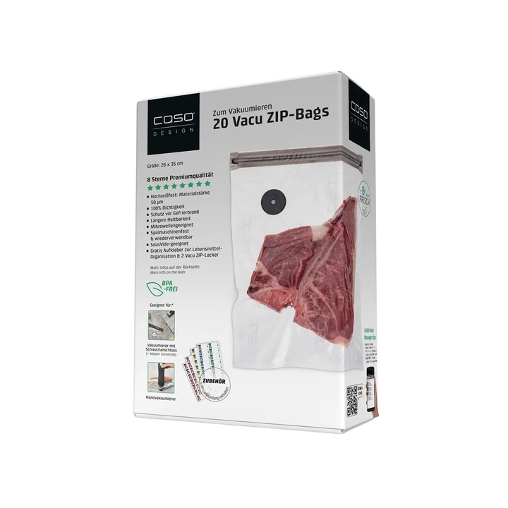 Set 20 pungi ZIP profesionale Caso Germany, 26x35 cm, 4 stele, grosime 150 μm, compatibile cu aparatele de vidat cu clema, pastreaza aroma, reutilizabile, fara BPA, rezistente la rupere si temperaturi inalte max. 100°C, potrivite pentru microunde