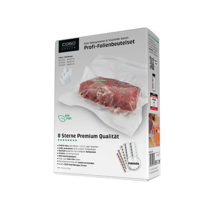 Set 100 pungi pentru vidat profesionale Caso Germany, 16x23/20x30/30x40 cm, gofrate, 4 stele, grosime 150 μm, compatibile cu aparatele de vidat cu clema, pastreaza aroma, reutilizabile, fara BPA, rezistente la temperaturi inalte 100°C, transparent