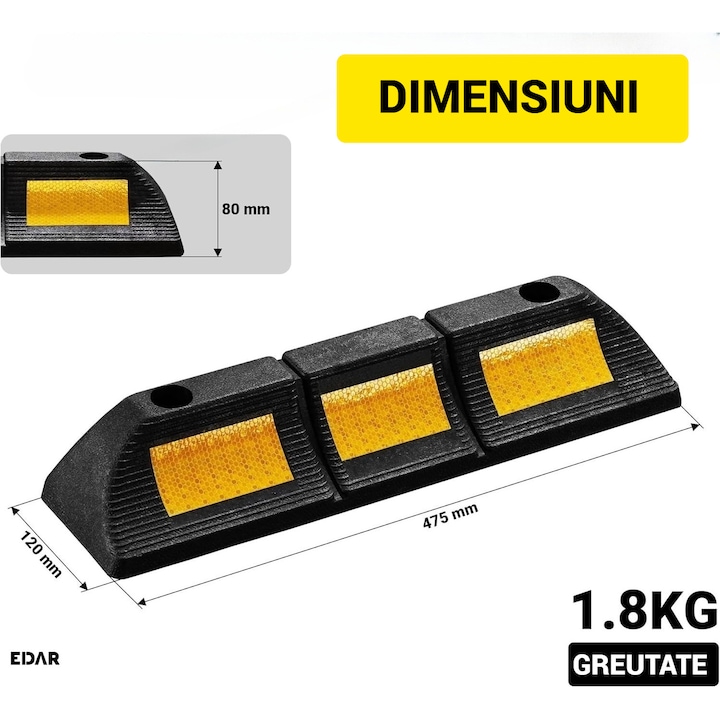 Set 2x Opritor Roti EDAR, Blocare Roti si Delimitare Loc Parcare, Elemente Reflectorizante, Cauciuc, Negru/galben