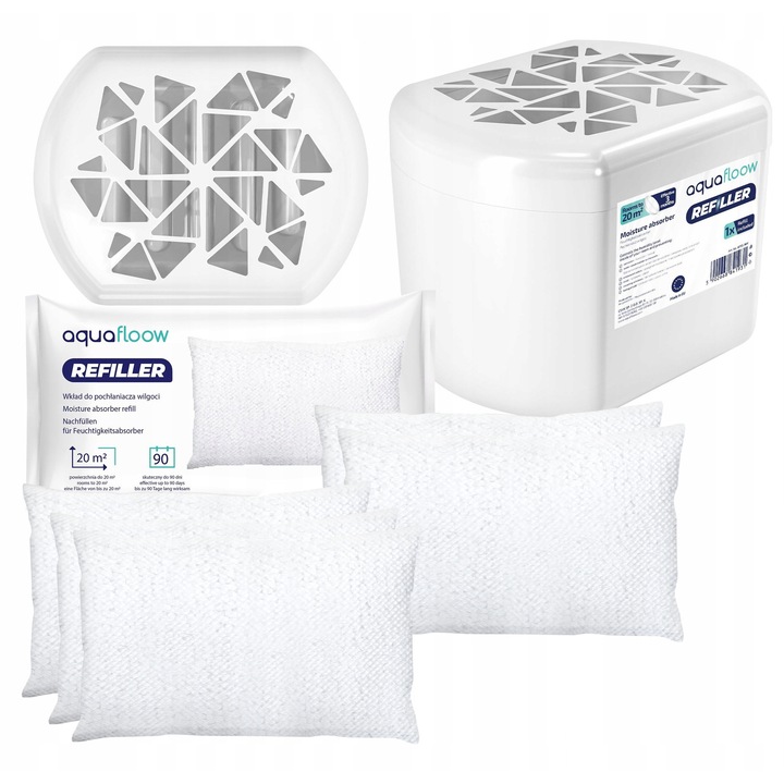 Set absorbant de umiditate dezumidificator pentru casa + 5x rezerva 250g, granule, pana la 20m², 90 de zile, AquaFloow Refiller
