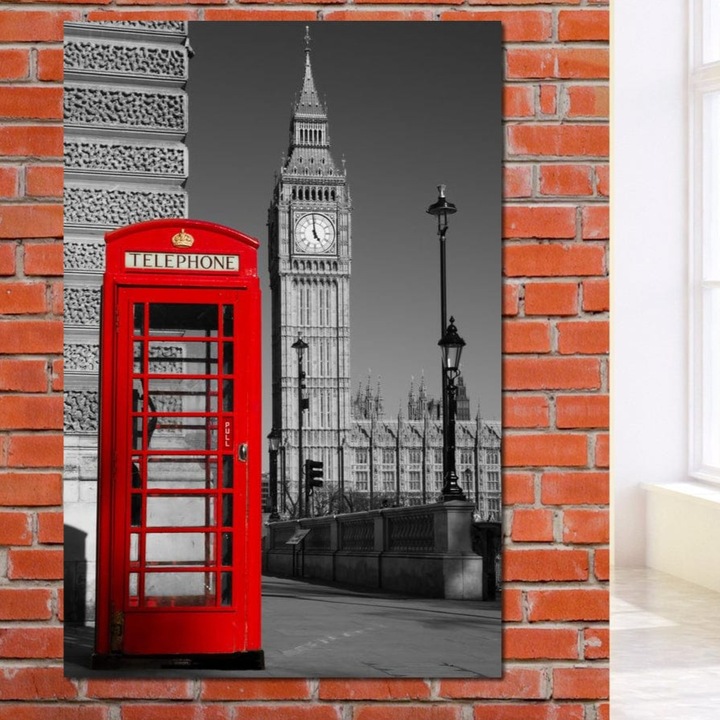 Tablou Canvas Premium, LuxCanva® O1038, Fereastra spre Londra, 70 X 100 CM, Panza Bumbac 100% 400g/m2, Sasiu, Lemn, Britanic, Big Ben, Cabina Telefon, Londra, Capitala, Monarhie, Calatorie, Arhitectura, Traditie, Istorie, Rosu, Birou, Living, Dormitor