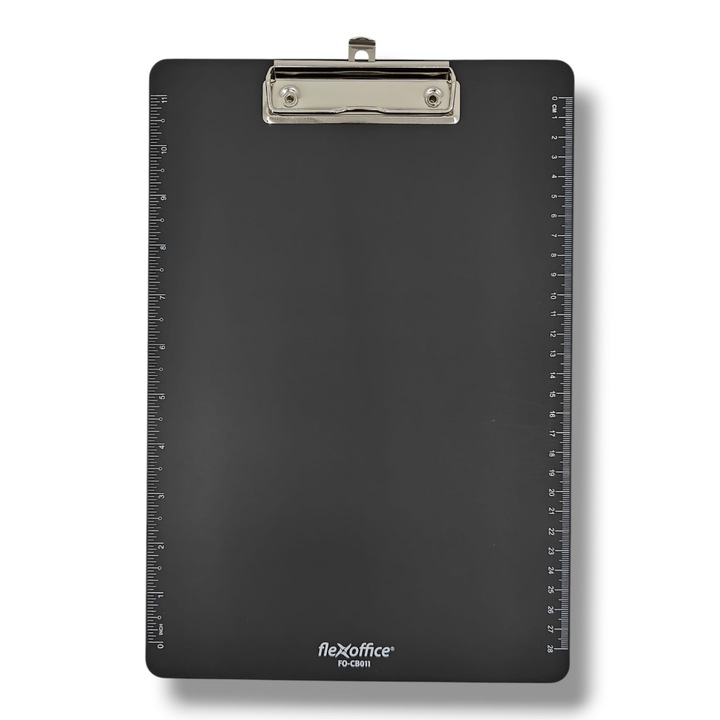Clipboard simplu FLEXOFFICE FO-CB011, plastic rezistent, clemă metalică, negru, 32x23cm