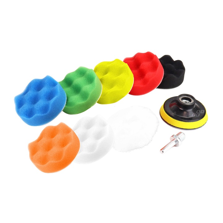 Set 10 piese polish auto cu bureti pad de diferite duritati, 75mm diametru, M14, Multicolor, Amio