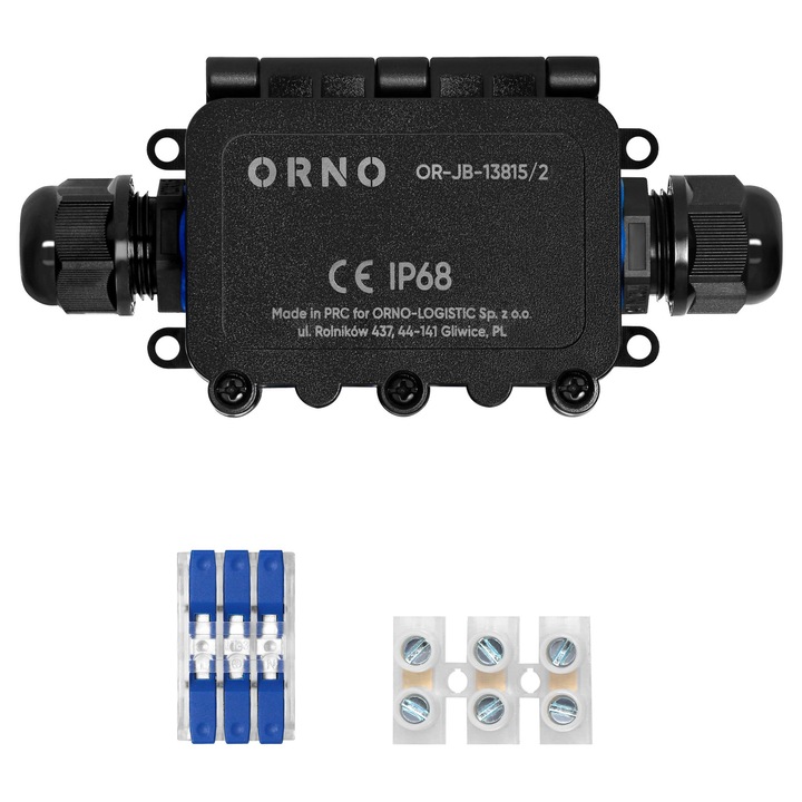 Doza Derivatie Profesionala ORNO OR-JB-13815/2, 2 Intrari 2xM20, Montaj Incastrat sau Aparent, Conector Rapid, IP68, IK09, Rezistenta UV si Ignifuga, Neagra