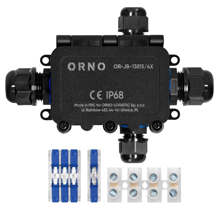 Doza Derivatie Profesionala ORNO OR-JB-13815/4X, 4 Intrari, 2xM20 + 2xM16, Tip X, Montaj Incastrat sau Aparent, Conector Rapid, IP68, IK09, Rezistenta UV si Ignifuga, Neagra
