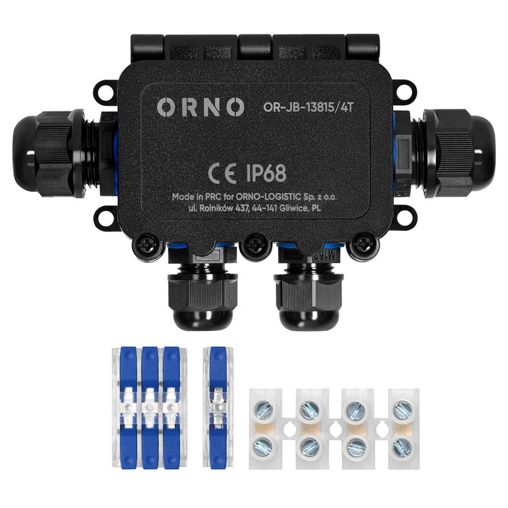 Doza Derivatie Profesionala ORNO OR-JB-13815/4T, 4 Intrari, 2xM20 + 2xM16, Tip T, Montaj Incastrat sau Aparent, Conector Rapid, IP68, IK09, Rezistenta UV si Ignifuga, Neagra