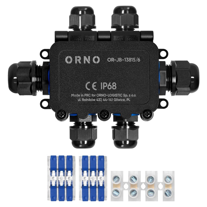 Doza Derivatie Profesionala ORNO OR-JB-13815/6, 6 Intrari, 2xM20, 4xM16, Montaj Incastrat sau Aparent, Conector Rapid, IP68, IK09, Rezistenta UV si Ignifuga, Neagra