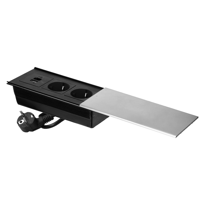 Награда ORNO, мебелен контакт с плъзгащ се капак, 2x2P+Z, USB A+C, сребърен
