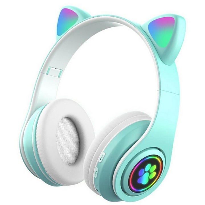 Vezeték nélküli fejhallgató, ATL, LED, Macskafülek, Bluetooth 5.0, 400mAh akkumulátor, Türkiz