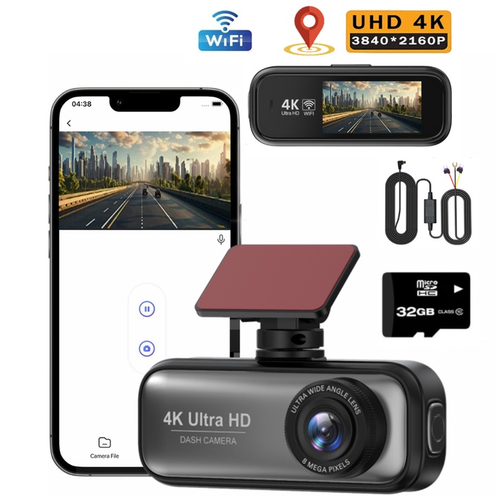 Autós fedélzeti kamera DVR QOVU® V26a, egyetlen 4K előlapi, Parkoló mód, GPS és 32GB-os kártya mellékelve, Ütközésérzékelő, WiFi és alkalmazás, 170°-os széles látószög, 1.97 hüvelykes kijelző